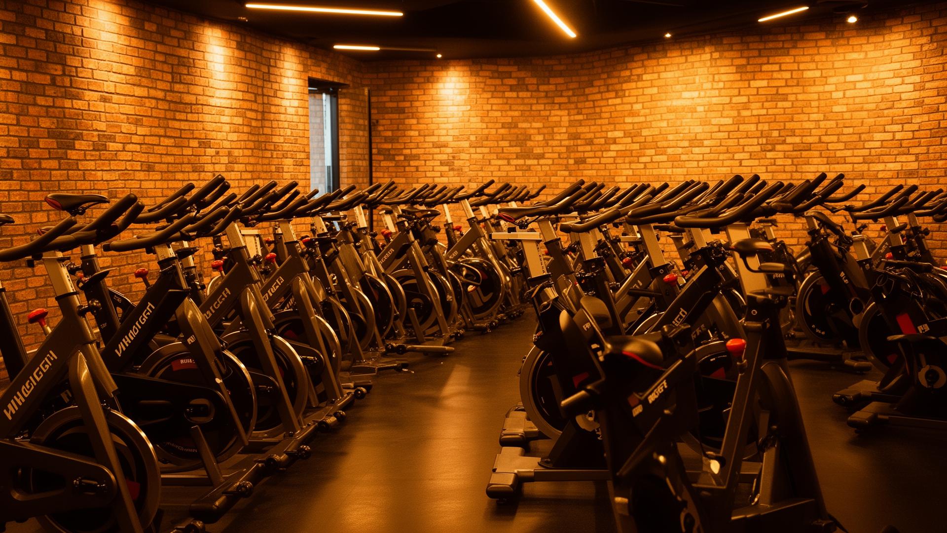 Rows of stationary spin bikes in a warmly lit indoor cycling studio