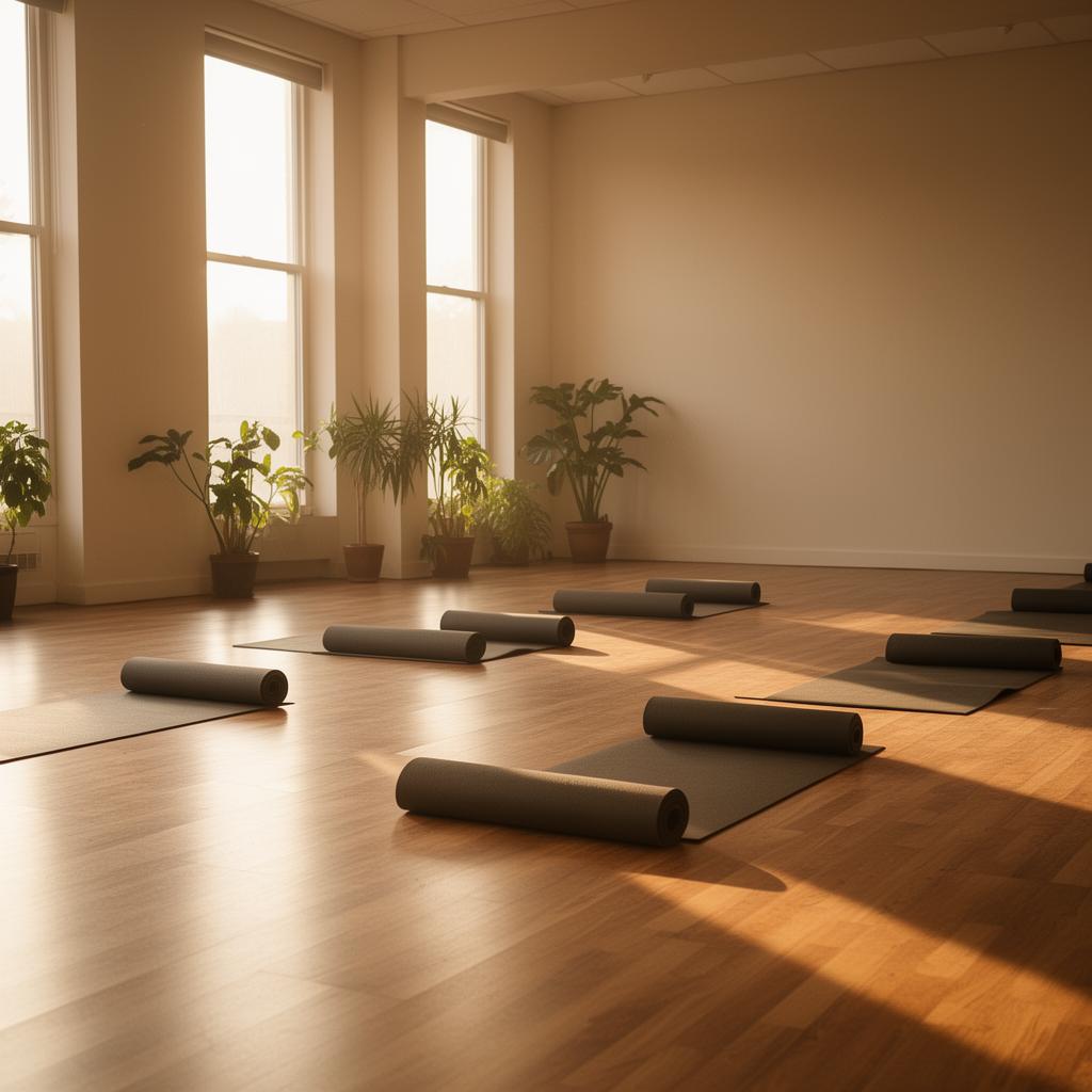 Sunlit yoga studio with wooden floors and rolled mats arranged for class